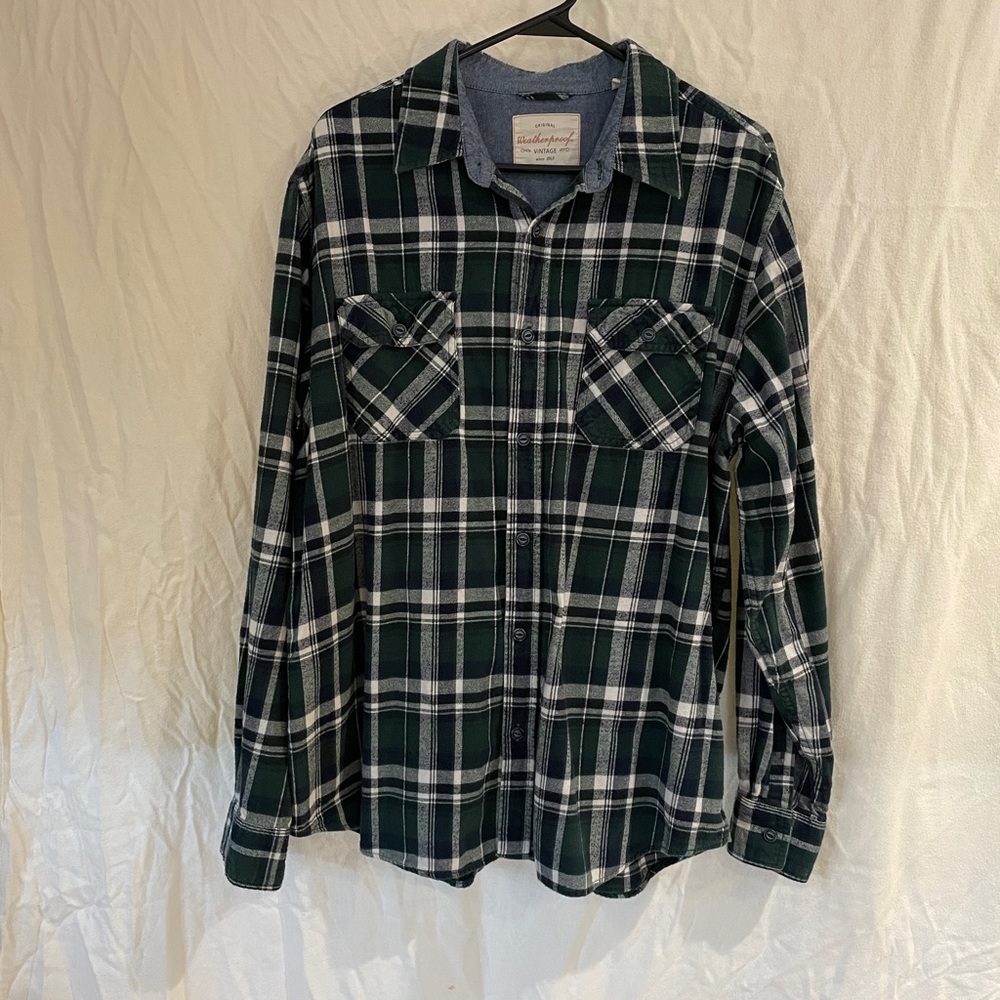 Weatherproof Green and White Casual Button Down Flannel Shirt